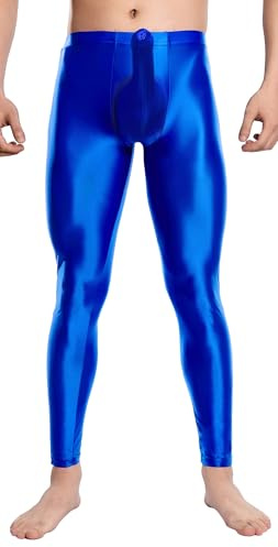 Men's Oil Glossy Leggings Stretchy Compression Bulge Pouch Tights See Through Shiny Pants Mesh Training Long Trousers Workout Pants Blue L