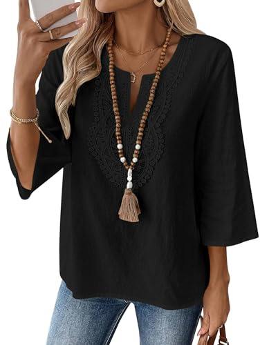 Rapbin Top da donna con maniche a 3/4, scollo a V, in cotone e lino, casual, vestibilità larga, tunica in pizzo bohémien