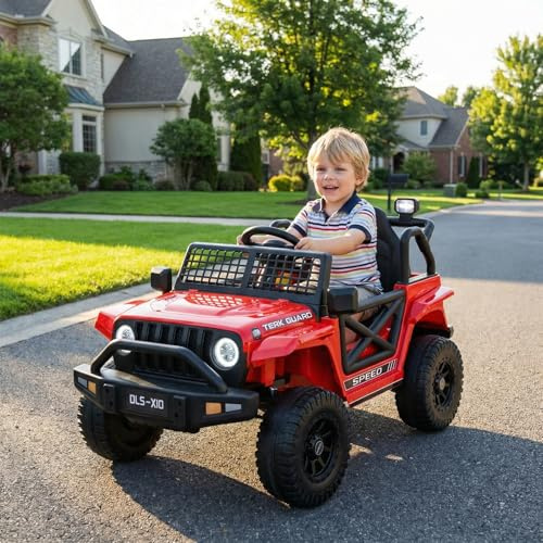 MAMIZO Kinder Elektroauto 12V 7Ah, Kinder Elektrofahrzeug, für 3-8 Jahren | Elektrische Kinderauto mit 2 Motoren 12V, Fernbedienung, Geschwindigkeitsstufen, LED und Sicherheitsgurt, Musik, 30KG, Rot