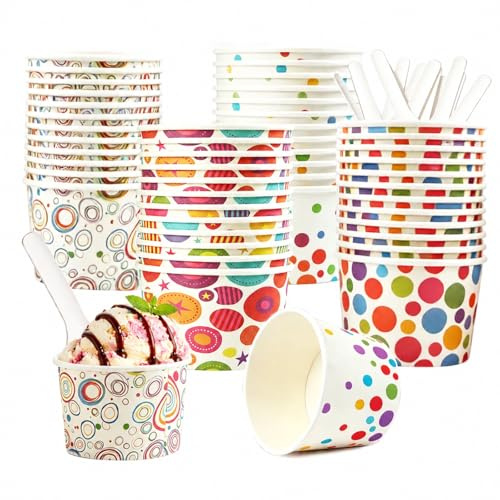 CIYIN Coppette di Carta per Gelato 50 Pezzi, Coppe Gelato Carta con Cucchiaio, Bicchieri di Carta per Gelato, Yogurt, Dessert, Budino (C, 40 Pezzi)