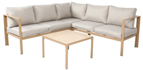 SVITA Missouri Gartenlounge 4-teiliges Outdoor Sofa Set aus verzinktem Stahl Ecklounge mit Tisch & Glasplatte 10cm Kissen für Terrasse Beige