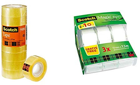 Scotch Nastro Adesivo 3M, Trasparente Acrilico, 15 mm x 33 m, Confezione Torretta da 10 Pezzi + 3M Scotch Magic Tape Nastro Adesivo Trasparente Invisibile con Dispenser, 3 Pezzi, 19 mm x 7.5 m
