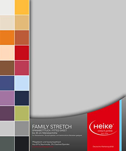 Heike Spannbettlaken Jersey Family Stretch 97% Mako-Baumwolle 3% Elastan Deutsche Markenqualität 230 gr/m2 bis 35 cm Höhe für Wasserbetten Boxspringbetten und herkömmliche Matratzen (Silbergrau)