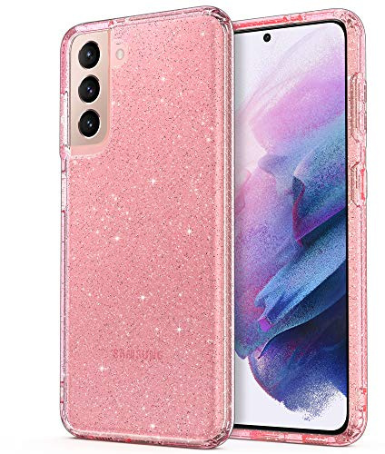 ULAK Glitzer Hülle für Samsung Galaxy S21 5G 6,2 Zoll, Rosa | Durchsichtige TPU Schutzhülle Stoßfest mit Kameraschutz & Bildschirmschutz,Handyhülle S21 Glitzer Glitzerhülle für Mädchen