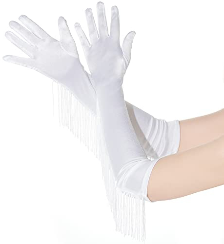 Bskifnn Lange Satin-Handschuhe mit Quaste 49 cm Ellenbogen-Handschuhe dehnbar 1920er Jahre Braut-Handschuhe für Kostümparty Halloween, Weiß, Einheitsgröße