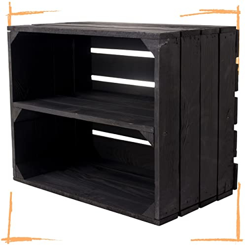 Vintage Holzkisten im Obstkisten Apfelkisten Style Deko mit Weinkisten Geflammt/Weiß/Natur/Schwarz/Grau 50x40x30cm Schublade Regal Boden Schuhregal Zwischenboden (Schwarz mit Mittelboden)