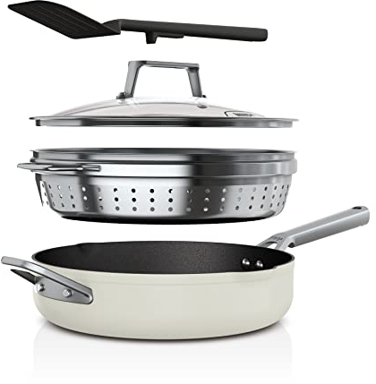 Ninja CW102WH Foodi NeverStick PossiblePan, Premium Set with 4-Quart Capacity Pan, Steamer/Strainer Basket, Glass Lid & Integrated Spatula, Nonstick, Durable & Oven Safe to 500°F, Vanilla Bean