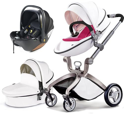Hot Mom Kinderwagen 3in1 Set Klassik Kombikinderwagen, Modell F22 mit Alu-Rahmen/Vollgummireifen (Weiß-3)