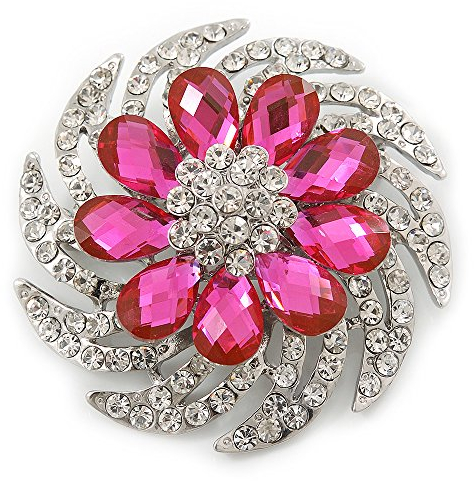 Dimensional Clear/Fuchsia Crystal Corsage Brooch In Rhodium Plating - 5cm Diameter
