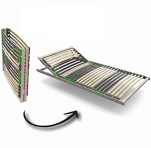 Lattenrost2go 100x200 cm Kopfteil VERSTELLBAR, FERTIG MONTIERT da KEIN BAUSATZ, 28 Federleisten, Lattenrahmen in 7 Zonen, Härtegrad REGULIERBAR, bis 140kg, Buche und Birke, holzfarben, aus holz
