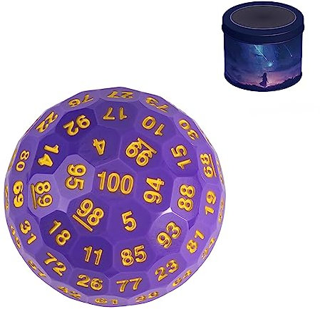 Poludie Verbesserter D100-Würfel, einzelner 100-seitiger polyedrischer Würfel, D100-Würfel, 50 mm, D&D-Würfel D100 Spielwürfel, 100-seitiger Würfel mit Metall-Aufbewahrungsdose (lila/gelbe Schrift)