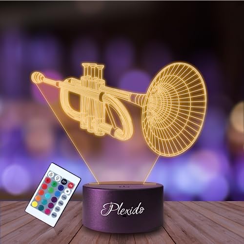 Plexido Nachtlicht Trompete Blues Instrument Illusion Lampe 3D Nachttischlampe Geschenk für Kinder Personalisiert Graveur Weltraum Kinderzimmer LED Licht Fernbedienung 16 Farbwechsel Wohnzimmer