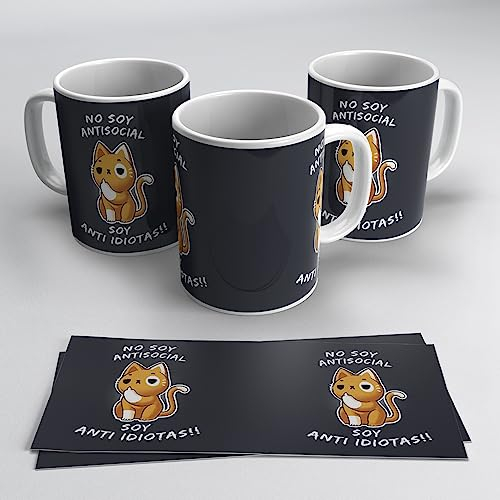 newseny Taza No Soy Antisocial, soy anti... - Taza humor gato borde - Taza antisocial humor - Taza regalo gracioso | Cerámica 355ml