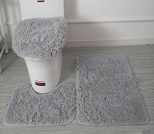 Soft Microfiber Bathroom Rugs Sets 3 Piece, Bath Rug + Contour Mat + Toilet Seat Cover, Non-Slip Bathroom Rugs with PVC Point Flannel Backing, Water Absorbent Solid Light grey