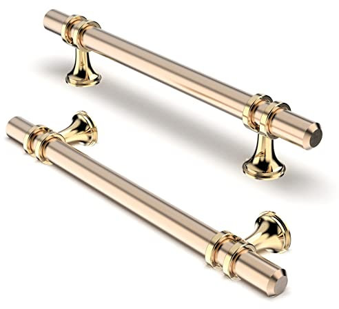 FURNIWARE Pack of 5 Cabinet Handles, Hardware Drawer Pulls, Zinc Alloy + Aluminum Kitchen Cabinet Door Handles Pull, 128mm(5 Inch) Hole Center Gold + Oxidized Bright Gold