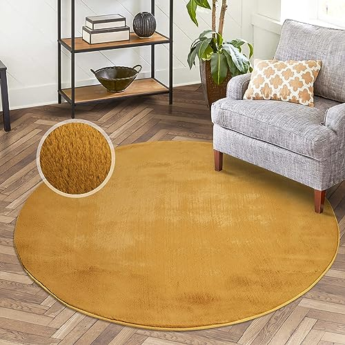Hochflor Teppich Wohnzimmer - Einfarbig Amber, bernsteinfarbend - 160x160 cm Rund - Super Soft Polyester, Samtig-Flauschiger Flor - Fell-Teppiche für Schlafzimmer, Esszimmer, Arbeitszimmer