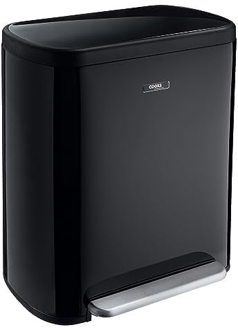 Cooks Professional Dual Recycle Bin 60L with Single Pedal | 2 x 30L Removable Compartments & Soft Close Lid | Double Section Stainless Steel Kitchen or Office Dustbin for Recycling or Waste | Black