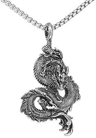 Collier dragon chinois pour hommes, Collier Dragon Hip-Hop, Collier pendentif tête de dragon viking nordique avec chaîne de 23,6 po, Pendentif dragon punk rock en acier inoxydable (Argent)