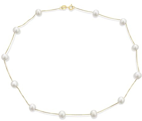Collana Di Perle Bridal Tin Cup Con Perle Coltivate Di Acqua Dolce Bianche Da 7 MM Stazione Di Catena Di Perle Per Donne Sposa In Oro Giallo Placcato In Argento Sterling .925 Lunghezza Di 16 Pollici