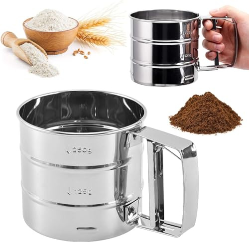 CHENKEE Stainless Steel Flour Sieve, Stainless Steel Fine Mesh Flour Sieve One Hand Flour Sifter Powder Sugar Sifter for Baking for Icing Sugar Cake Flour (Silver)