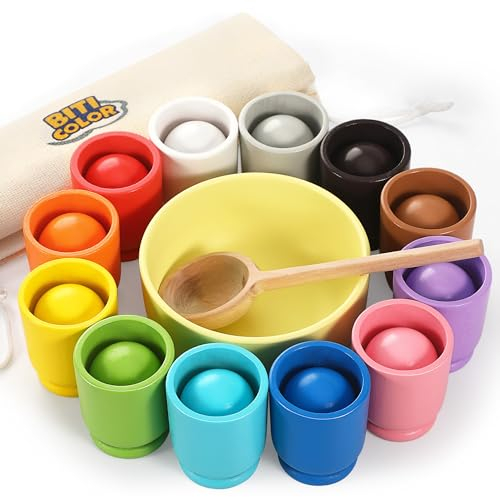 Biticolor Ball in Tasse Montessori Spielzeug hölzerne Regenbogen Farbe Sortieren Spielzeug für Kleinkinder Vorschule Farbe Matching Toy - 12 Ball 40mm
