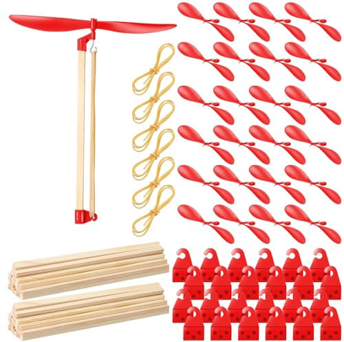 Leyndo 24 Set Helicopter Kit 6 Plastic Propeller for Stem Activities Propeller Blades with Rubber Band Wood Sticks for Airplanes and Helicopters from School and Research Institution (Red)
