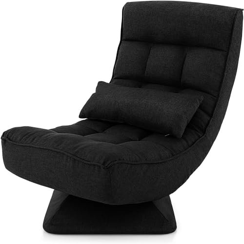 RELAX4LIFE Folding Sofa Chair, 360 Degree Swivel Lazy Floor Chair with 4-Position Adjustable Backrest and Lumbar Pillow, High Back Padded Reading Gaming Lounge Recliner for Living Room Bedroom (Black)
