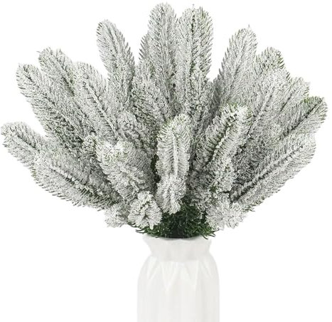 HBell 24Pcs Artificial Pine Needles Branches Twigs 26cm Fake Frosted Picks Greenery Stems Christmas Pine Tree Pick Winter Faux Fir Sprays Twig for Christmas Wreaths Season Decor (White)