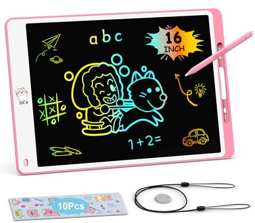 DCV 16 Zoll LCD Schreibtafel Kinder, buntes Zaubertafel Maltafel mit Cartoon-Aufklebern, Schreibtafel abwischbar mit Sperrfunktion, Lernspielzeug Schreibtablett für Mädchen Jungen 2-9 jährige - Rosa