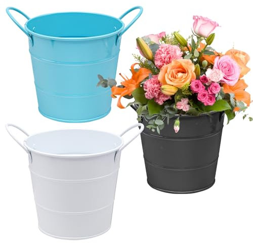 Mini Weißblech Metalleimer, 3stück Blumentopf Vintage mit Griff, Eiskübel Pommes Frites Blecheimer für Weihnachten, Neujahr Party Hochzeit Deko Garten Tischdeko, Eimer für Blumenarrangements aus Eisen