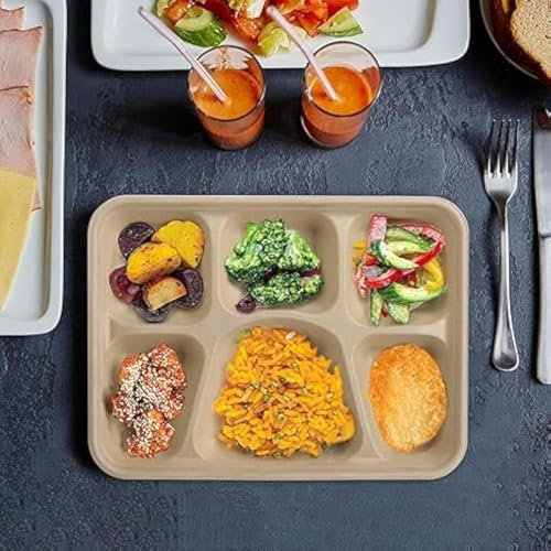 50 Pack 6 Compartment Disposable Paper Plates, Bagasse School Lunch Tray, Heavy-Duty Sugarcane Plates, Microwavable Safe