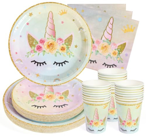 PARTY GO Ensemble de 100 pièces de vaisselle de fête licorne comprenant des assiettes à dîner en carton sur le thème de la licorne, des assiettes à dessert, des serviettes, des tasses pour décorations