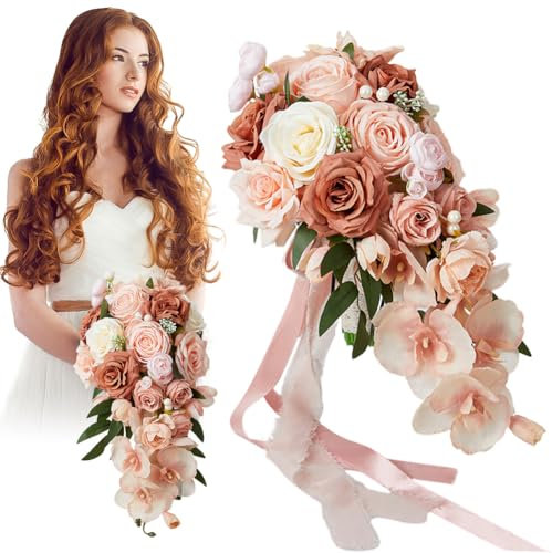 Bouquet da sposa con fiori secchi, bouquet da sposa, bouquet di fiori di caramello, fiori artificiali di seta per matrimoni, bouquet da sposa