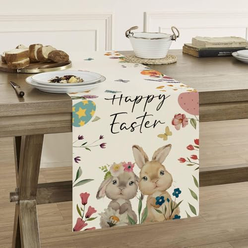 Vorysum Tischläufer Modern Hase Tischläufer Blumen Ostereier Frühling Ostertischläufer Esstisch Ostern Tischdeko Blume Festliche Tischmatten Läufer Set Für Esstisch Party 40 x 140 cm