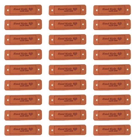 JINJUMEI 100 Stück Handmade Label, Handgefertigte Lederetiketten Etikett mit Löchern, Perforiertes Design, Handmade Etiketten Nähen PU Handmade Label für Jeans Taschen Hut Quilts, Mützen, Kleidung