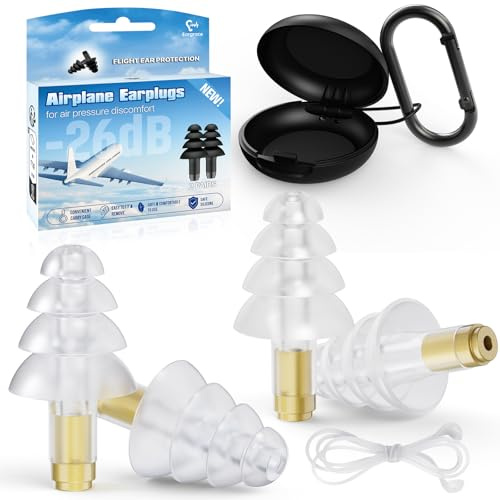 Bouchon Oreille Avion, 2 Paires Bouchons d’Oreilles Enfants 6+ et Adultes/Canal Auditif Étroit, 26dB, Réutilisables Silicone avec Cordon, Protection Auditive pour Avion, Moto, Concert, Voyage, Bruit