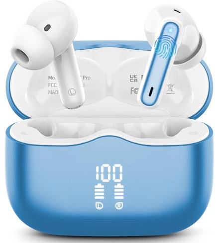 Bluetooth Kopfhörer, Kopfhörer Kabellos Bluetooth 5.4 HiFi Stereo In Ear Kopfhörer mit 4 Mic, 40Std Kabellose Kopfhörer, ENC Lärmreduzierung IP7 Wasserdicht Ohrhörer für Arbeit und Studium Seeblau