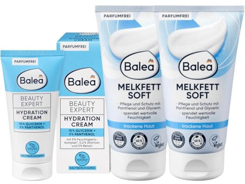 Balea 3er-Set Hautpflege: Gesichtscreme Beauty Expert Hydration Cream beruhigende Feuchtigkeitspflege, 50 ml + Melkfett Soft für trockene Haut mit Panthenol & Glycerin, parfumfrei, 2 x 150 ml (350 ml)