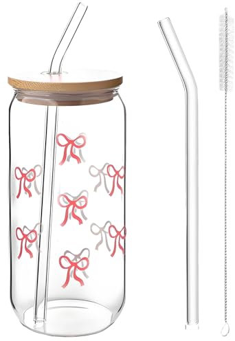 filheraze Verre Avec Couvercle et Paille, Élégant Gobelet en Verre de 16 oz Avec Couvercle et Paille, Design Coquette Bow, Verre Canette, Polyvalent pour Le Café, Les Cocktails et Plus Encore