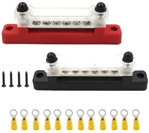Bus Bar Terminal Block Set 2PCS, 150A 12V-48V Power Distribution Busbar, 6 x M6 Studs, Plastic Alloy, Red Black, Studs Power Distribution Terminal Block 48V DC Car Boat Marine Solar System