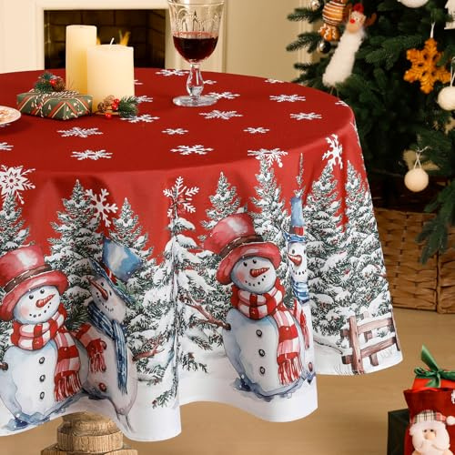 runde Tischdecke 180 cm Weihnachten abwaschbar rot mit weiße Schneemännern | elegant Weihnachtstischdecken mit goldenen Glocken & Tannenbäumen Weihnachtsdeko große Tische für Christmas Silvester 2026