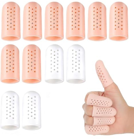 Lot de 12 Protège-Doigts en Gel de Silicone,Protection du Bout des Doigts Après Blessure,Protection du Pouce,pour Déclencher les Doigts, Fissuration des Doigts(Couleur de Peau + Blanc)