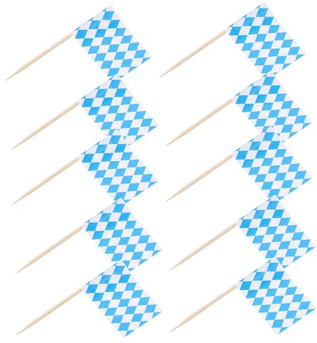GAROZATION 200 Stück Zahnstocher mit Blau-weiß Karierten Papierfahnen Leichte Holzspieße Einweg-party-deko für Kuchen Snacks Fingerfood Geeignet für Oktoberfest Hochzeit und Familienfeiern