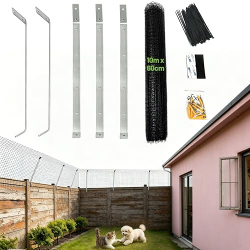 Warmfay Cat Proof Fence Anti Climb Barrier, Secure Outdoor Catio Fence Kit with Heavy Duty Mesh & Overhang Brackets, Weatherproof Garden Cat Containment System for Cat Safety & Protection (10M Kit)
