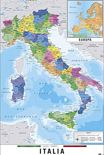 Close Up Mappa Italia Fisico Politico Karte von Italien (61cm x 91,5cm) + 2 St. Schwarze Posterleisten mit Aufhängung