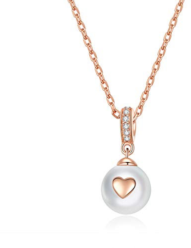 Rose Gold colour Heart Pearl Pendant Charm Necklace for Women 925 Sterling Silver Elegant Wedding Jewelry