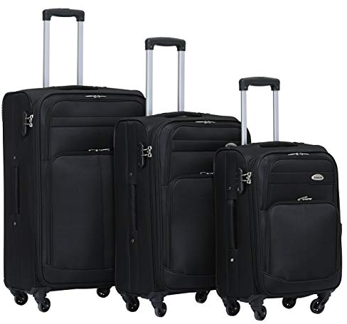 BEIBYE Leichter Stoffkoffer Kofferset Trolley Außentaschen Dehungsfuge mehr Stauraum mit Zahlenschloss (Schwarz, Set)