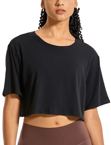 CRZ YOGA Damen Sport T-Shirt Kurzarm Sommer Fitness Crop Oberteile Crew Neck Leichte Yoga Top Atmungsaktiv Laufshirt Schwarz 40