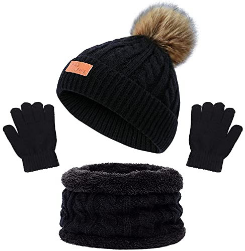 beifon Kinder Wintermütze Schal Handschuhe Mädchen Set Kindermütze Strickmütze Mütze Schal Set Mädchen Jungen Warme Winter Beanie Hut Handschuhe für Kinder 3-8 Jahre