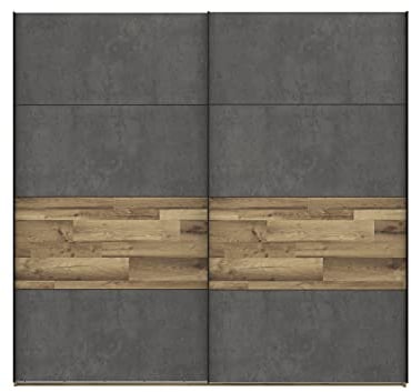 FORTE RICCIANO Schrank 220, Kleiderschrank, Schwebetürenschrank Industrial Schlafzimmer 2-türig, Betonoptik Dunkelgrau / Holzdekor: Stabeiche, 220 cm breit x 210.5 cm hoch x 61 cm tief